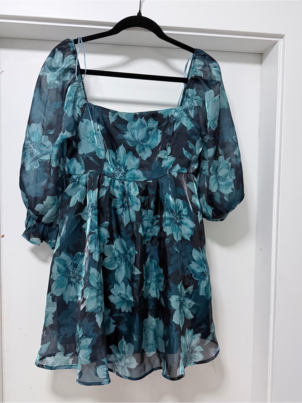 Dark Teal Floral Square-Neck Puff Sleeve Women's Dress